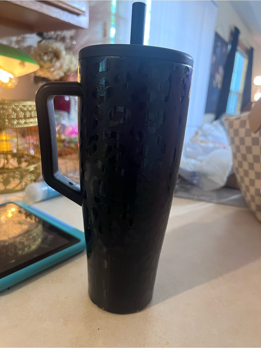 Black Leopard-Textured Travel Tumbler with Handle and Straw